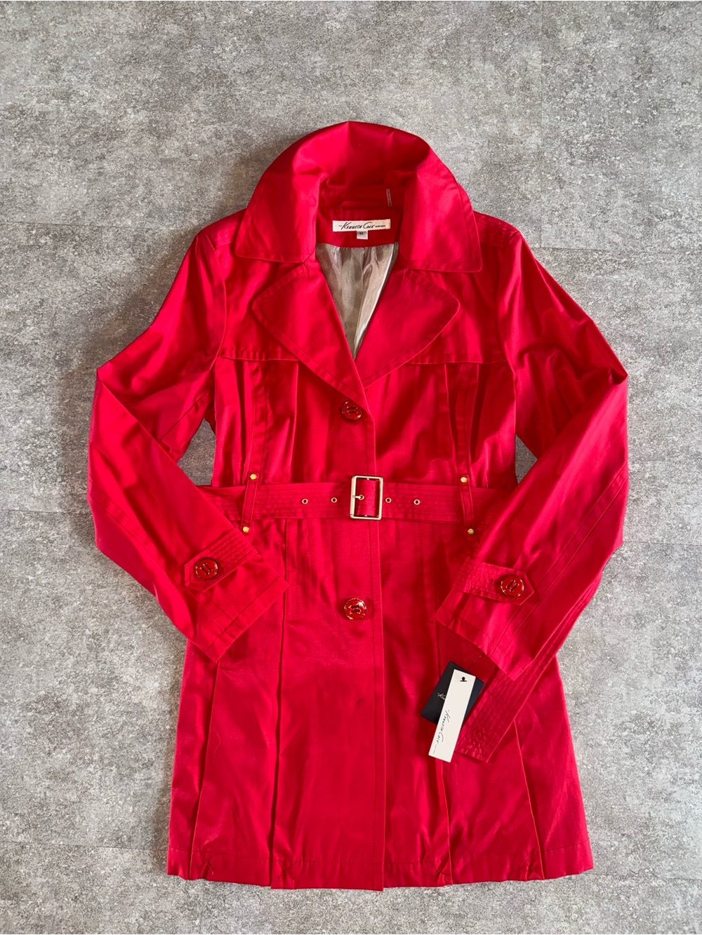 Kenneth Cole New York Coral Red Belted Trench Coat Buckle Lined XL